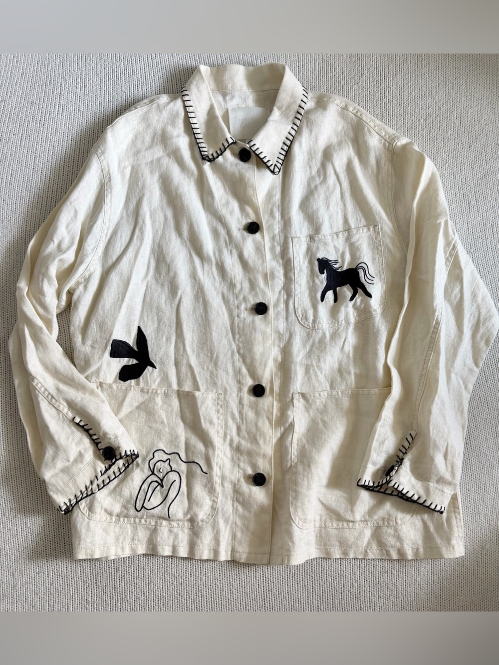 Zara 100% Linen Embroidered Button Down Shacket Size Large